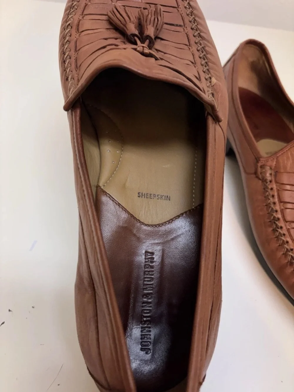 Johnston & Murphy Men’s Sheepskin Loafers Brown Leather Woven Tassel Dress Sz 13